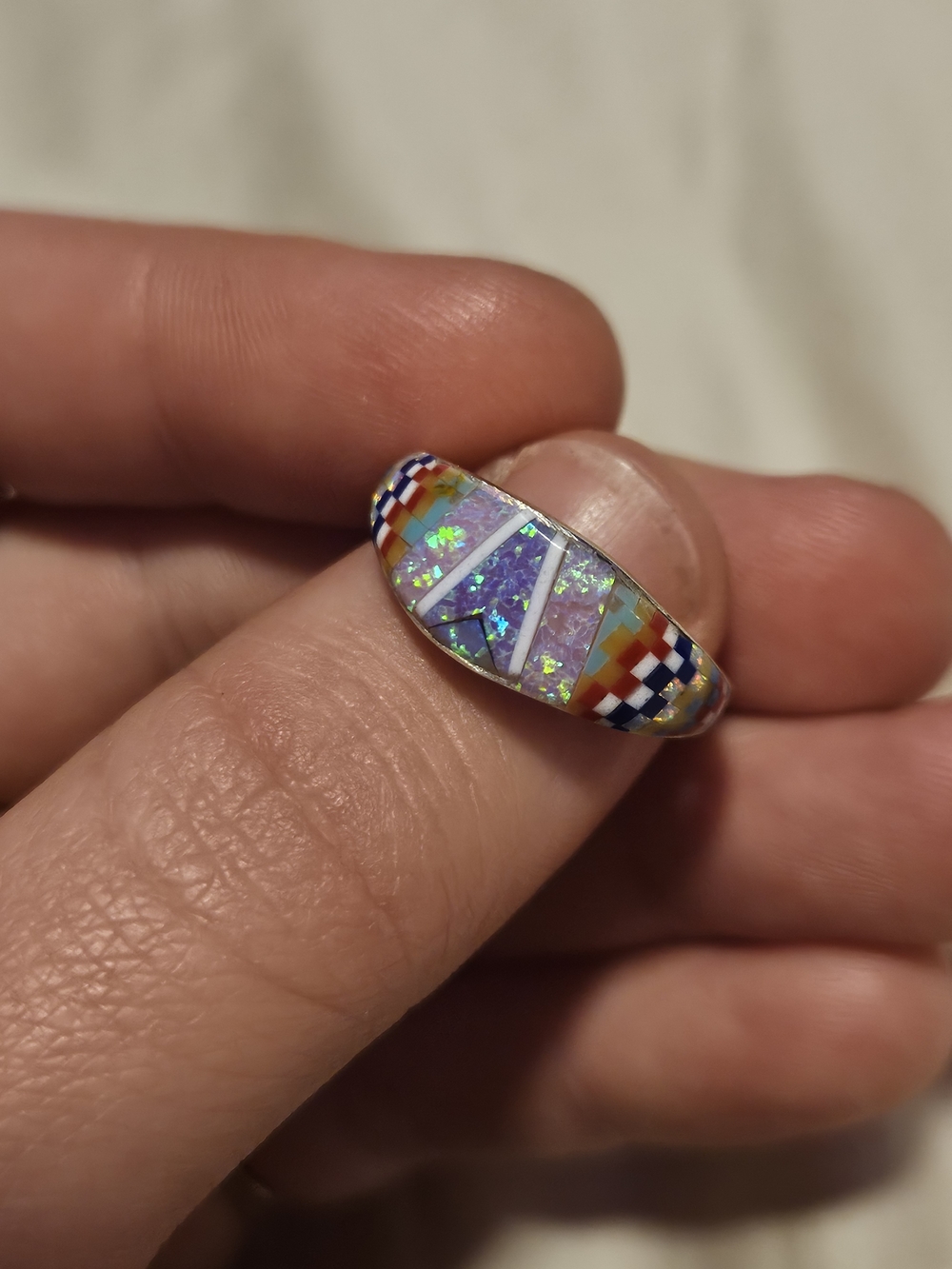 Multicolor Opal Inlay Zuni Ring - Sterling
